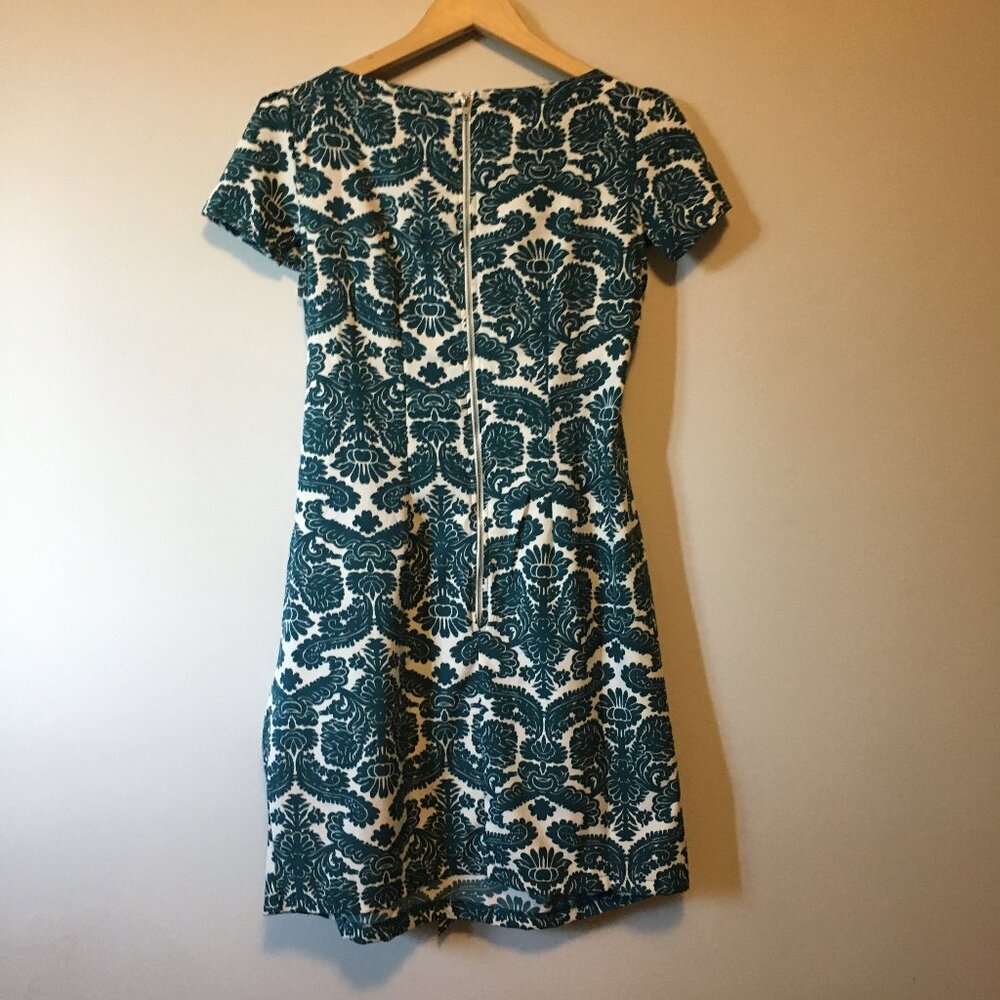 Teal Folksy Damask Print Short Sleeve Dress A-Line Kneelength - Picture 2 of 16